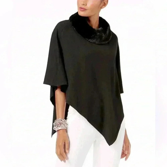 Alfani Petite Faux Fur Collar Poncho Sweater - Picture 1 of 4